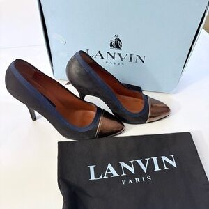Lanvin Suede & Gold Leather Stiletto Heels, Metallic Pointed Toe SZ 9.5